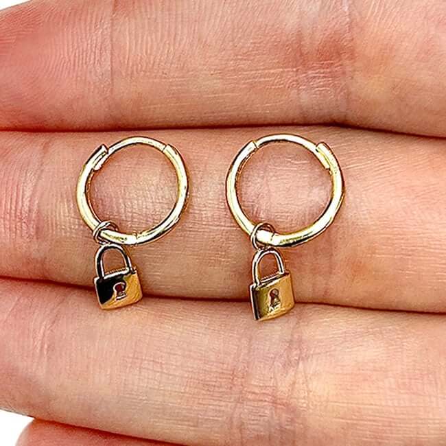 14K Gold Lock Charm Drop  Huggie Hoop Earrings 4.5mm