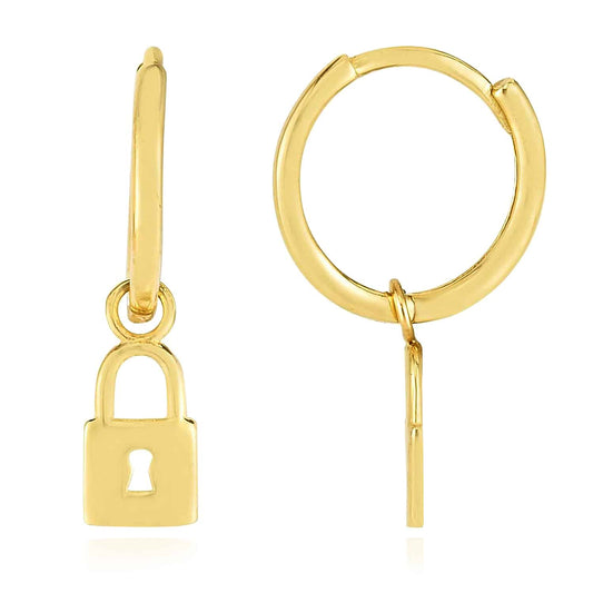14K Gold Lock Charm Drop  Huggie Hoop Earrings 4.5mm