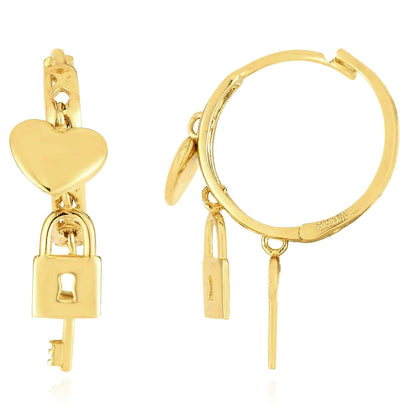 14K Gold Lock Key Heart Charms Drop  Huggie Hoop Earrings 5.5mm