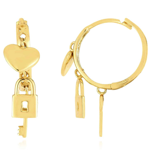 14K Gold Lock Key Heart Charms Drop  Huggie Hoop Earrings 5.5mm