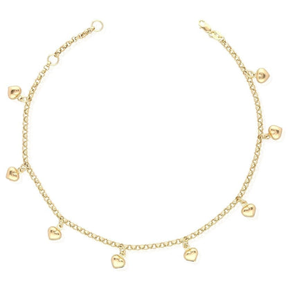 14k Gold Yellow White Tri-Color Heart Charm Anklet Bracelet 9" 10"