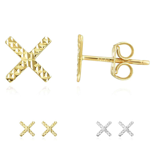 14K Gold Yellow White Diamond-Cut X Stud Earrings 7.5mm
