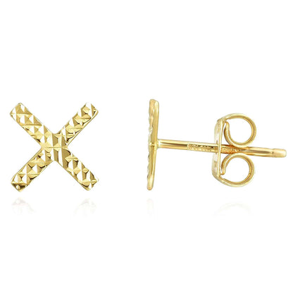 14K Gold Yellow White Diamond-Cut X Stud Earrings 7.5mm