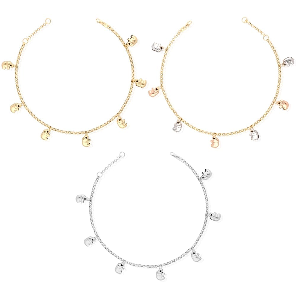 14k Gold Tri-Color Elephant Charm Anklet Bracelet 9" 10" Adjustable