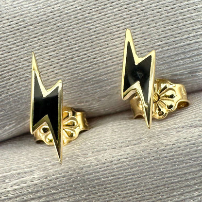 14K Gold Black Yellow Enamel Lightning Bolt Stud Earrings 10mm