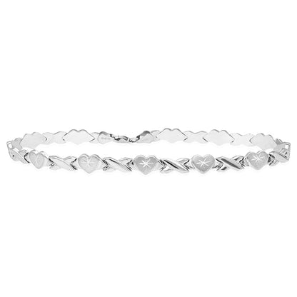 14k Gold Tri-Tone 6mm Hearts & Kisses XO Ankle Bracelet 10"