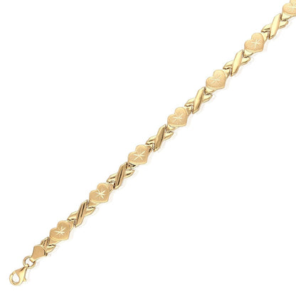 14k Gold Tri-Tone 6mm Hearts & Kisses XO Ankle Bracelet 10"