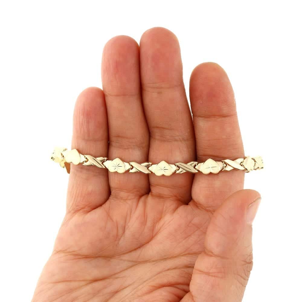 14k Gold Tri-Tone 6mm Hearts & Kisses XO Ankle Bracelet 10"