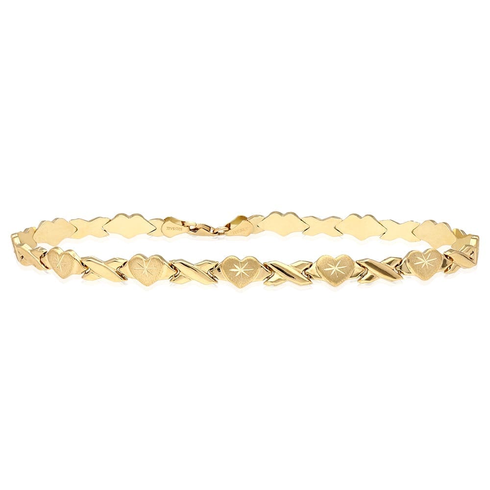 14k Gold Tri-Tone 6mm Hearts & Kisses XO Ankle Bracelet 10"