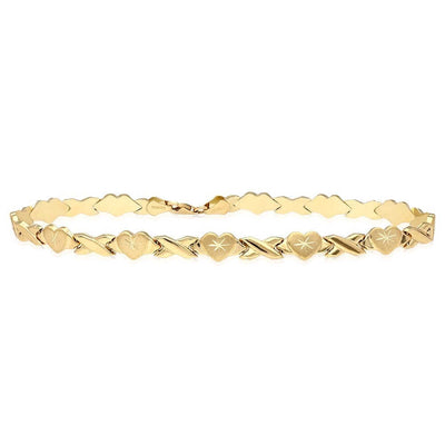 14K Tri-Tone Gold 6mm Hearts & Kisses XO Anklet (Hollow) 10"