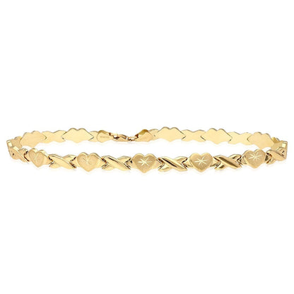 14k Gold Tri-Tone 6mm Hearts & Kisses XO Ankle Bracelet 10"