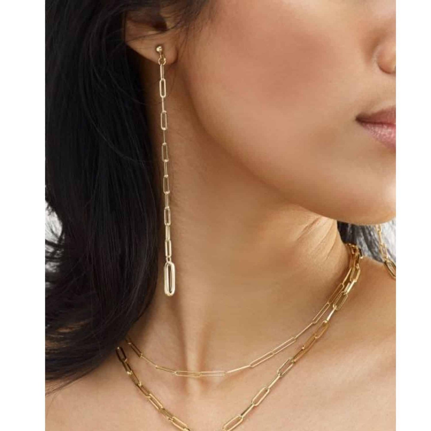 14K Gold Vary Paperclip Shoulder Duster Drop  Earrings 115mm
