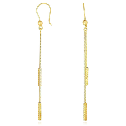 14K Gold Diamond-Cut Double Bar Linear Drop Down Ear Wire Earrings 66mm