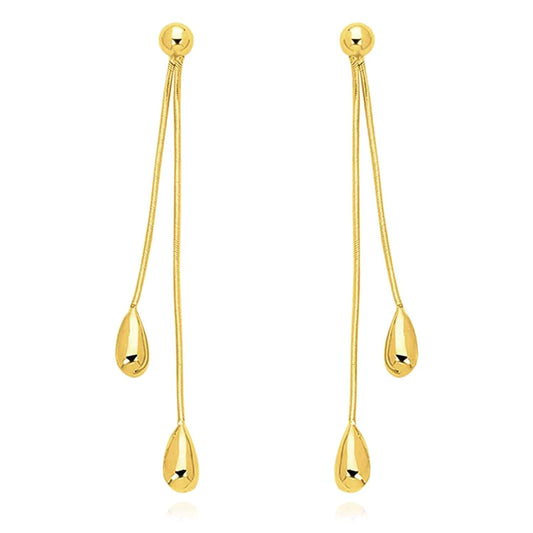 14K Real Gold Polished Double Teardrop Drop Flexible  Earrings 55mm