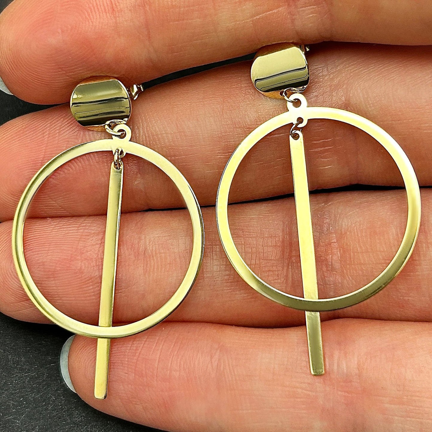 14K Gold Geometric Round Drop  Earrings 44mm
