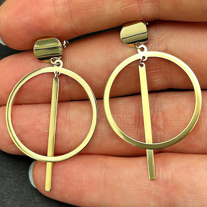 14K Gold Geometric Round Drop  Earrings 44mm