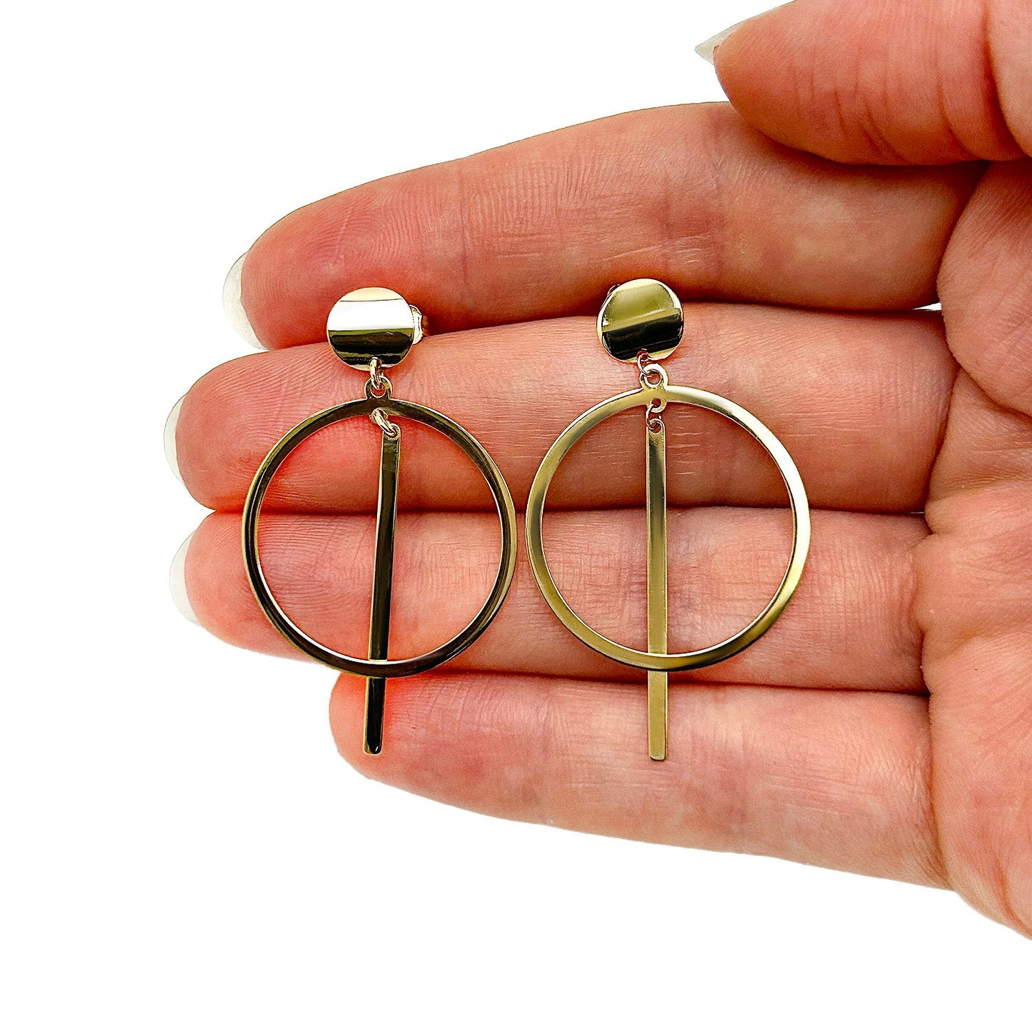 14K Gold Geometric Round Drop  Earrings 44mm