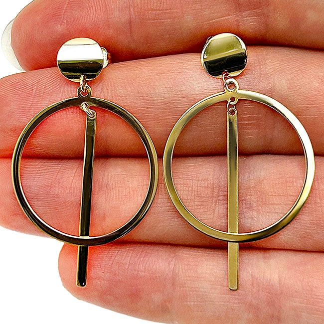 14K Gold Geometric Round Drop  Earrings 44mm