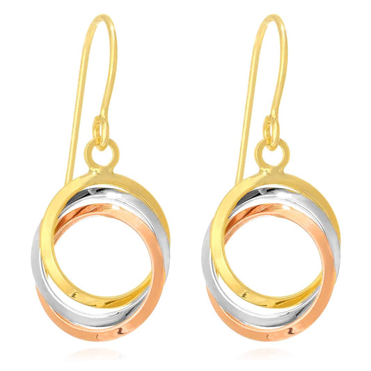 14K Gold Tri-Color Yellow White Rose 3x Circles  Ear Wire Earrings 25mm