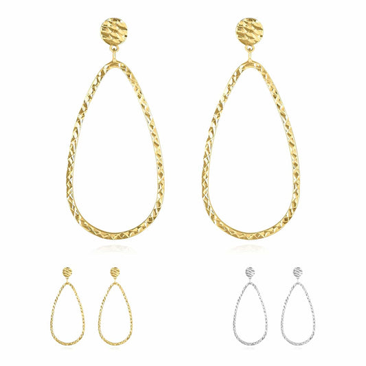 14K Gold Yellow White Diamond-Cut Teardrop Drop  Earrings 43mm
