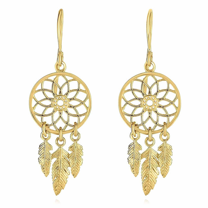 14K Gold Chandelier Feathers Dreamcatcher Tassel Drop Down Earrings 32mm - WJD Exclusives