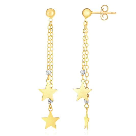 14K Gold Two-Tone Yellow White Two Star Drop  Earrings 51mm