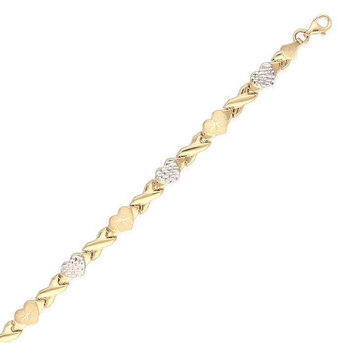 14K Two-Tone Gold 6mm Hearts & Kisses XO Anklet (Hollow) 10"