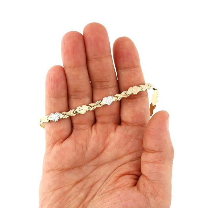 14K Two-Tone Gold 6mm Hearts & Kisses XO Anklet (Hollow) 10"