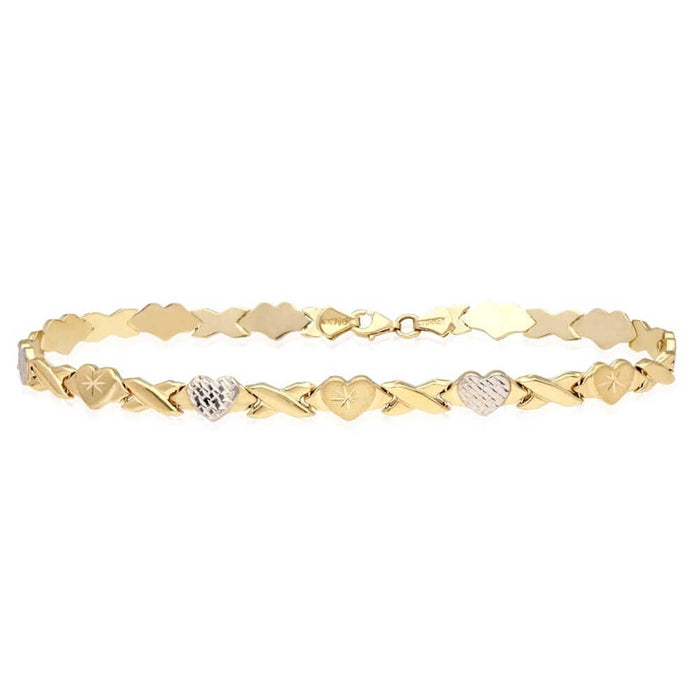 14K Two-Tone Gold 6mm Hearts & Kisses XO Anklet (Hollow) 10"