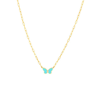 Natural Diamond 14K Gold Light Turquoise Butterfly Necklace (Hollow) 18" - WJD Exclusives