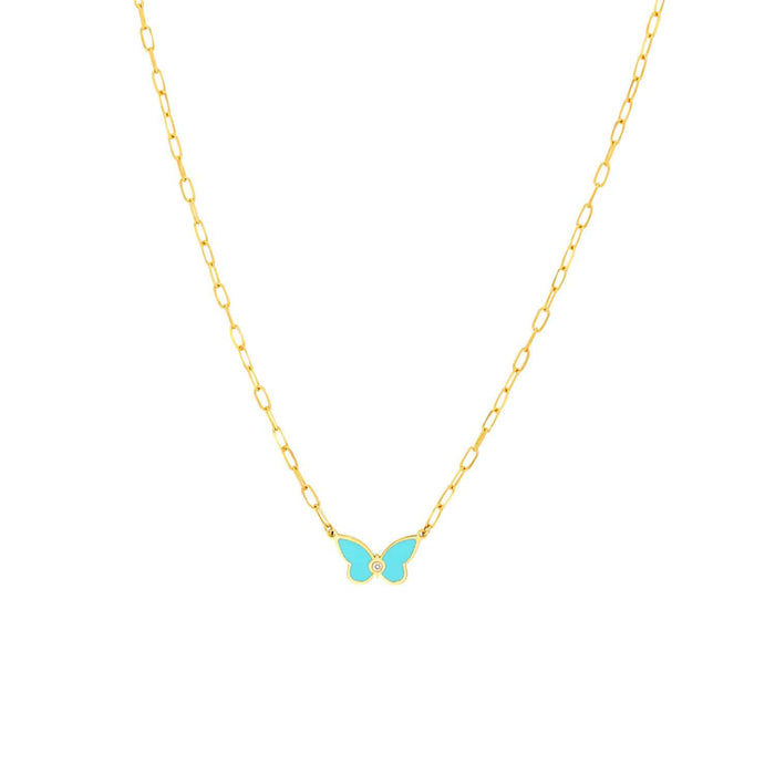 Natural Diamond 14K Gold Light Turquoise Butterfly Necklace (Hollow) 18" - WJD Exclusives