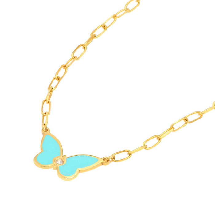 Natural Diamond 14K Gold Light Turquoise Butterfly Necklace (Hollow) 18" - WJD Exclusives