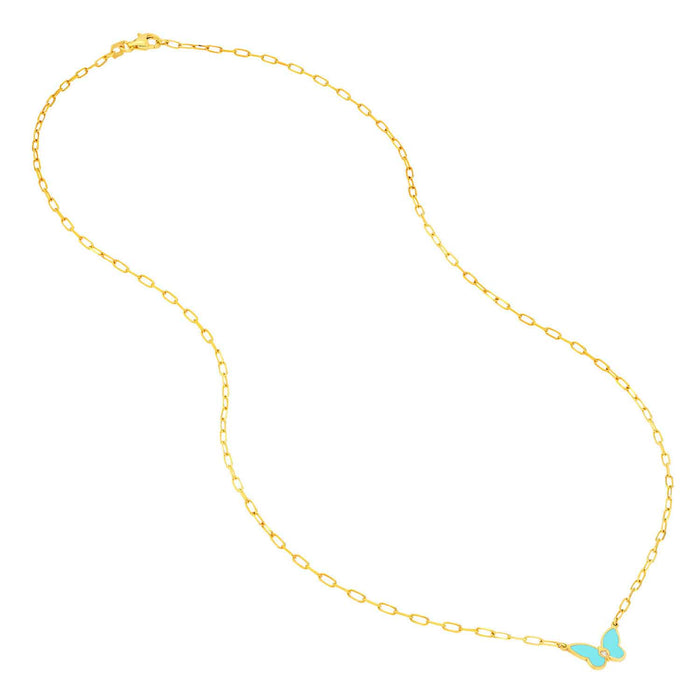 Natural Diamond 14K Gold Light Turquoise Butterfly Necklace (Hollow) 18" - WJD Exclusives