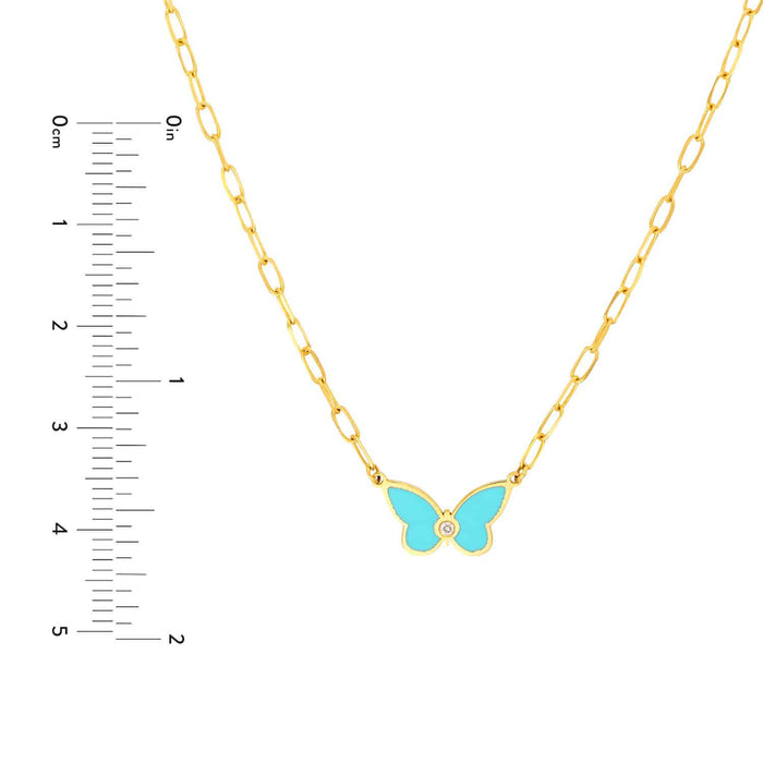 Natural Diamond 14K Gold Light Turquoise Butterfly Necklace (Hollow) 18" - WJD Exclusives