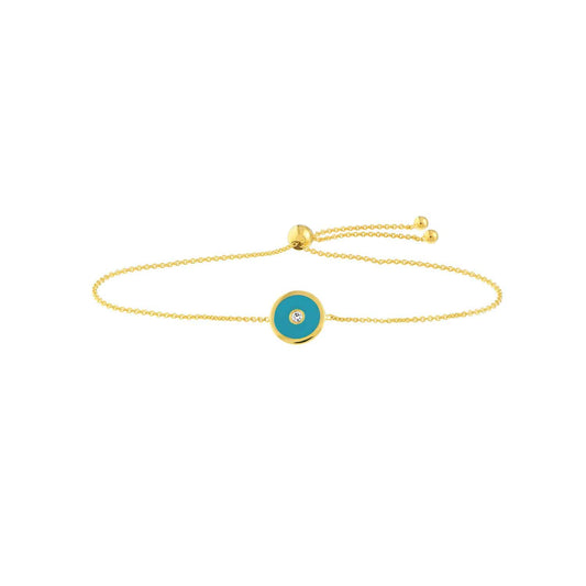 Real Diamond 14K Gold Yellow Blue Round Evil Eye Bolo Bracelet 9.5" Adjust.