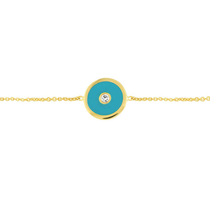 Real Diamond 14K Gold Yellow Blue Round Evil Eye Bolo Bracelet 9.5" Adjust.