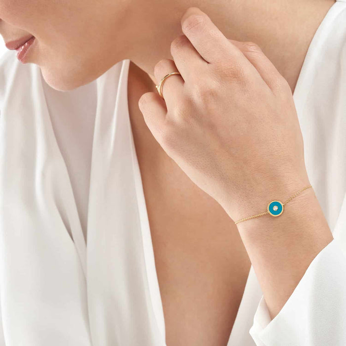 Natural Diamond 14K Yellow Gold Blue Round Evil Eye Bolo Bracelet (Hollow) 9.5" Adjustable - WJD Exclusives