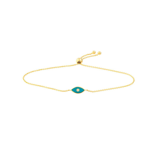 Real Diamond 14K Gold Yellow Blue Evil Eye Bolo Bracelet 9.5" Adjustable