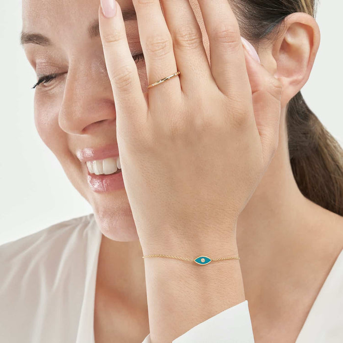 Natural Diamond 14K Yellow Gold Blue Evil Eye Bolo Bracelet (Solid Links) 9.5" Adjustable - WJD Exclusives
