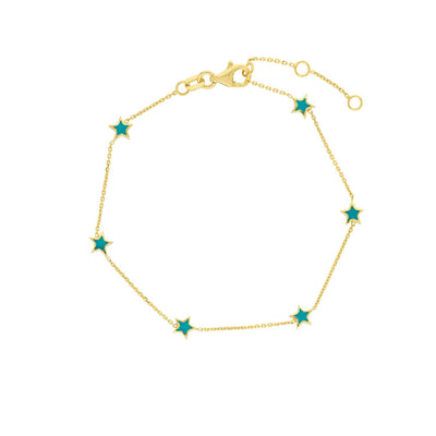 14K Yellow Gold Turquoise Star Station Bracelet (Solid Links) 7.25" - WJD Exclusives
