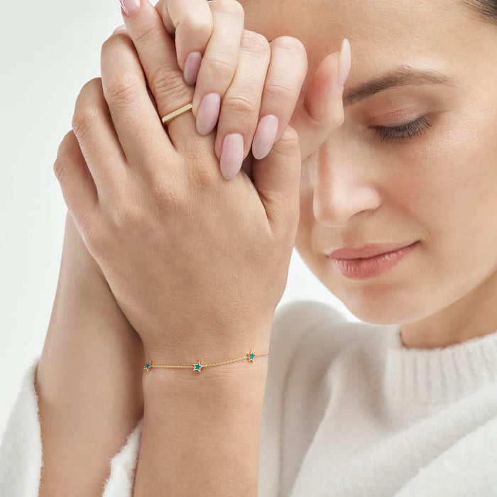 14K Yellow Gold Turquoise Star Station Bracelet (Solid Links) 7.25" - WJD Exclusives