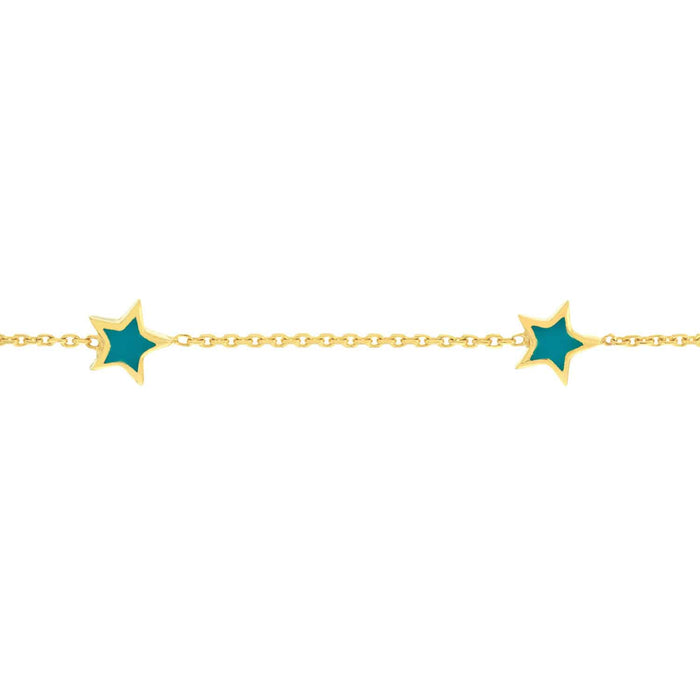 14K Yellow Gold Turquoise Star Station Bracelet (Solid Links) 7.25" - WJD Exclusives