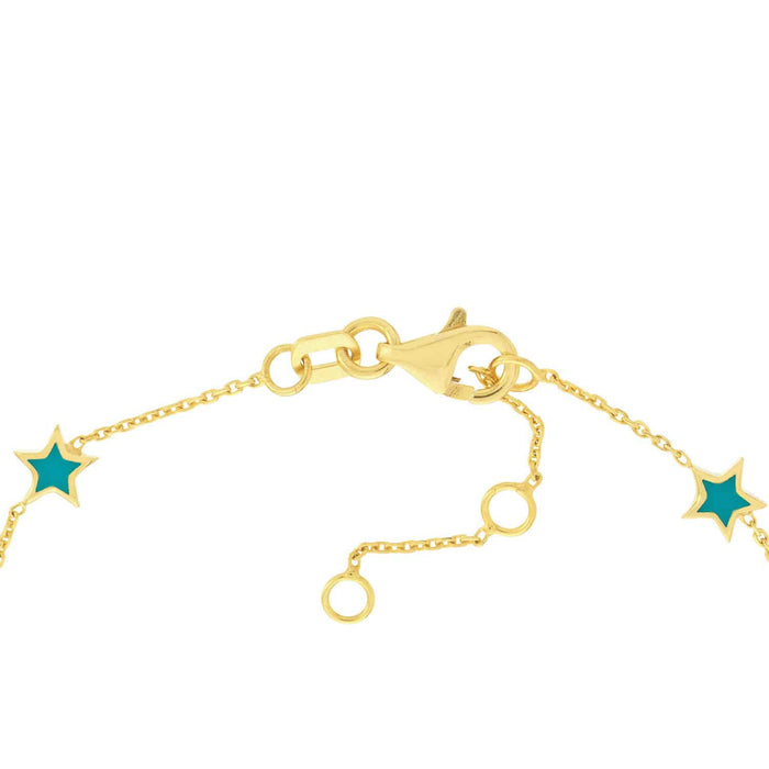 14K Yellow Gold Turquoise Star Station Bracelet (Solid Links) 7.25" - WJD Exclusives