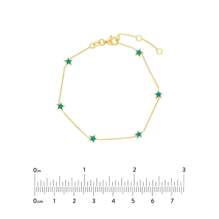 14K Yellow Gold Turquoise Star Station Bracelet (Solid Links) 7.25" - WJD Exclusives
