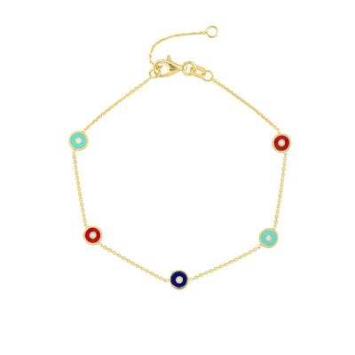 14K Yellow Gold Multicolor Round Evil Eye Station Bracelet (Hollow) 6.25" - 7.25" Adjustable - WJD Exclusives