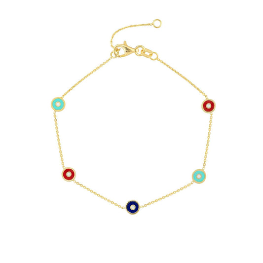 14K Gold Yellow Multicolor Round Evil Eye Station Bracelet 6.25"-7.25" Adjust.