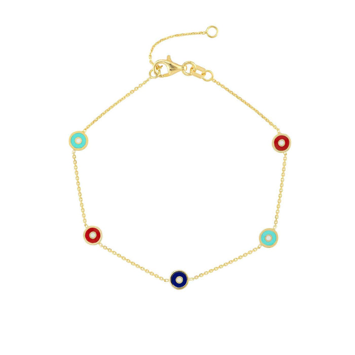 14K Yellow Gold Multicolor Round Evil Eye Station Bracelet (Hollow) 6.25" - 7.25" Adjustable - WJD Exclusives