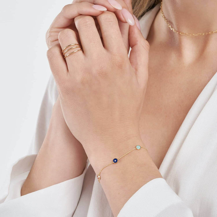 14K Yellow Gold Multicolor Round Evil Eye Station Bracelet (Hollow) 6.25" - 7.25" Adjustable - WJD Exclusives