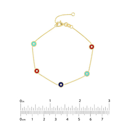 14K Gold Yellow Multicolor Round Evil Eye Station Bracelet 6.25"-7.25" Adjust.