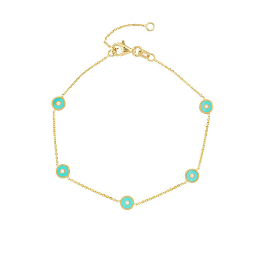 14K Gold Yellow Turquoise Round Evil Eye Station Bracelet 6.5"-7" Adjustable
